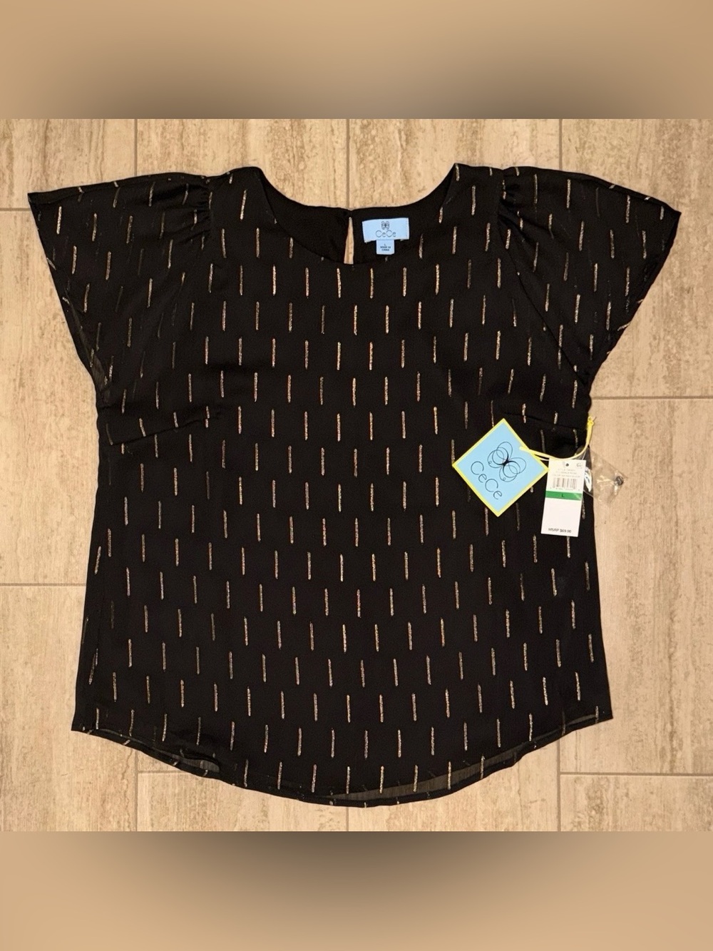 NWT Cece Woman Chiffon Blouse Black/gold Strips Lined Fluffy Size Large